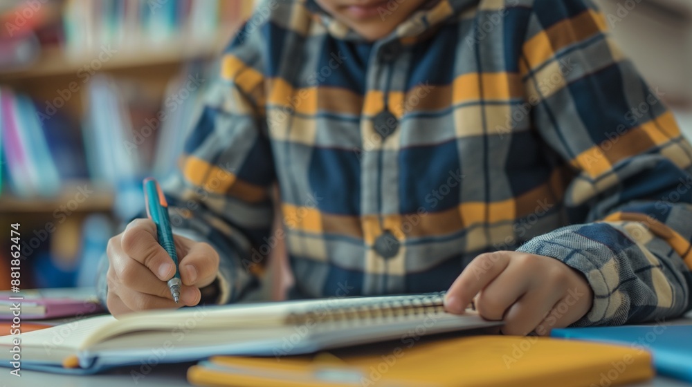 School students solves equation at a desk at notebooks with pen in hand on a Student Day School students solves equation at a desk at notebooks with pen in hand on a Student Day