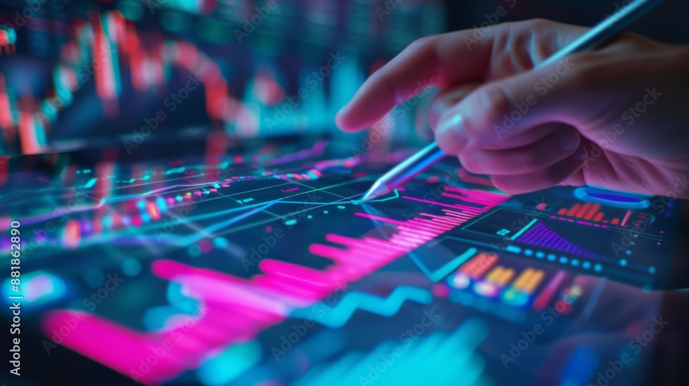 A close-up of a hand using a stylus to point at financial data on a digital tablet screen with graphs and charts. A close-up of a hand using a stylus to point at financial data on a digital tablet screen with graphs and charts.
