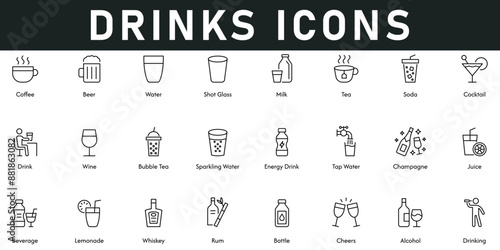 Drinks Icons vector illustration with thin line editable stroke contains coffee, beer, water, milk, soda, cocktail, wine, bubble tea, energy drink, champagne, juice, bottle, lemonade, beverage