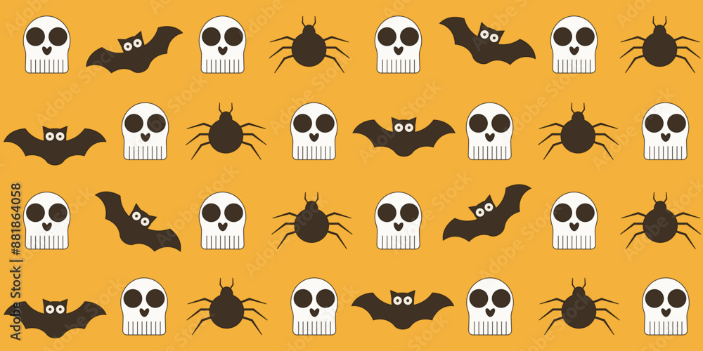 Simple flat skull bat spider ornament. Halloween wrapping paper design. Spooky Halloween theme. Minimalsim vector illustration can used fabric, bed linen, wallpaper, print. EPS 10 Simple flat skull bat spider ornament. Halloween wrapping paper design. Spooky Halloween theme. Minimalsim vector illustration can used fabric, bed linen, wallpaper, print. EPS 10