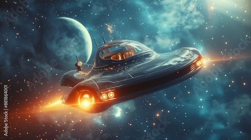 Futuristic flying car in the space, space background