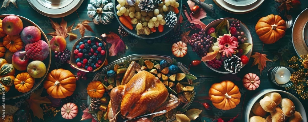Fototapeta premium Top view of a festive Thanksgiving dinner table with turkey, pumpkins, fruits, and various dishes perfect for the holiday celebration.