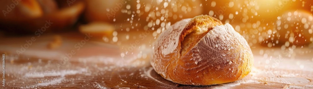 A fresh, round loaf of bread on a wooden surface with flour dusting in the air. Warm lighting highlights the crust texture and baking process. A fresh, round loaf of bread on a wooden surface with flour dusting in the air. Warm lighting highlights the crust texture and baking process.