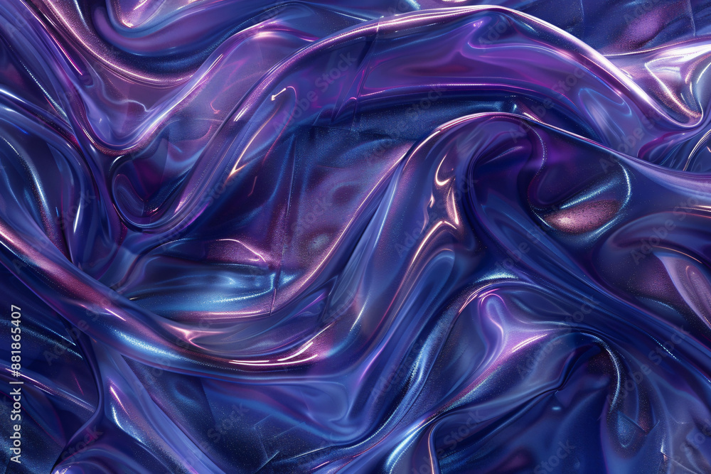 Obraz premium Holographic liquid foil swirls like a nebula in a mesmerizing blend of dark blues and violet.