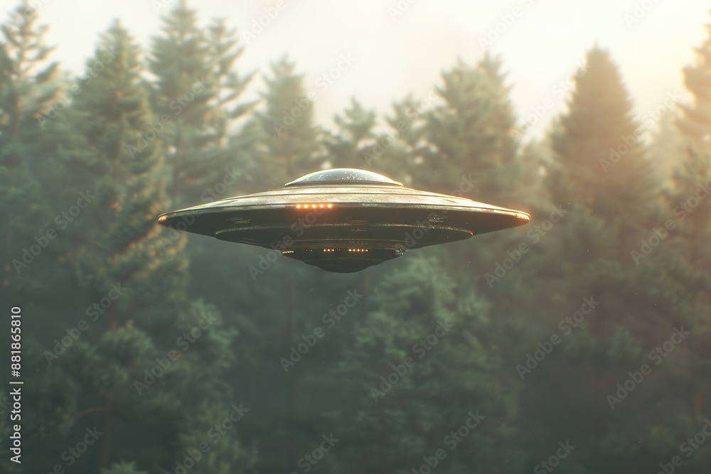 Mystic UFO hovering in misty forest with warm light. Mystic UFO hovering in misty forest with warm light.