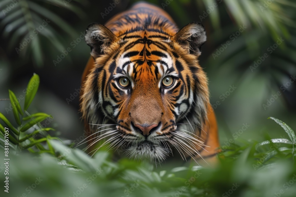 Fototapeta premium A Sumatran tiger emerging from the dense underbrush, its powerful body and striking orange coat with black stripes making it a majestic sight.