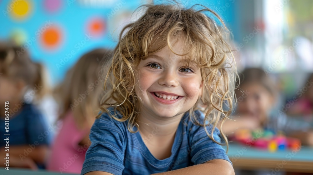 Joyful children with bright smiles in colorful classrooms, radiating happiness Joyful children with bright smiles in colorful classrooms, radiating happiness