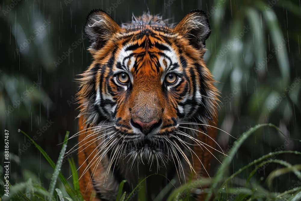 A Sumatran tiger emerging from the dense underbrush, its powerful body and striking orange coat with black stripes making it a majestic sight. A Sumatran tiger emerging from the dense underbrush, its powerful body and striking orange coat with black stripes making it a majestic sight.