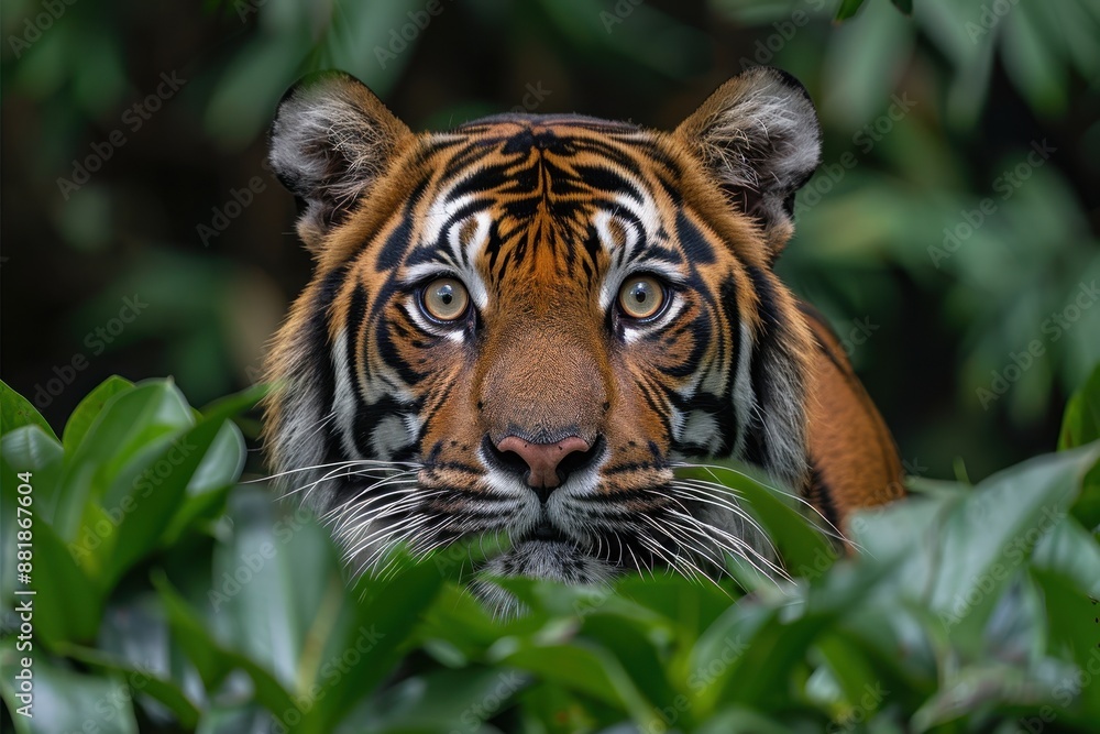 A Sumatran tiger emerging from the dense underbrush, its powerful body and striking orange coat with black stripes making it a majestic sight. A Sumatran tiger emerging from the dense underbrush, its powerful body and striking orange coat with black stripes making it a majestic sight.