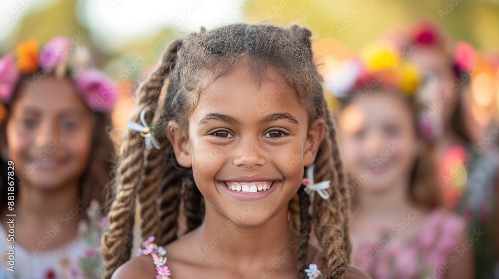 Mixed-race children, faces glowing with pride and joy, celebrate an American patriotic event Mixed-race children, faces glowing with pride and joy, celebrate an American patriotic event