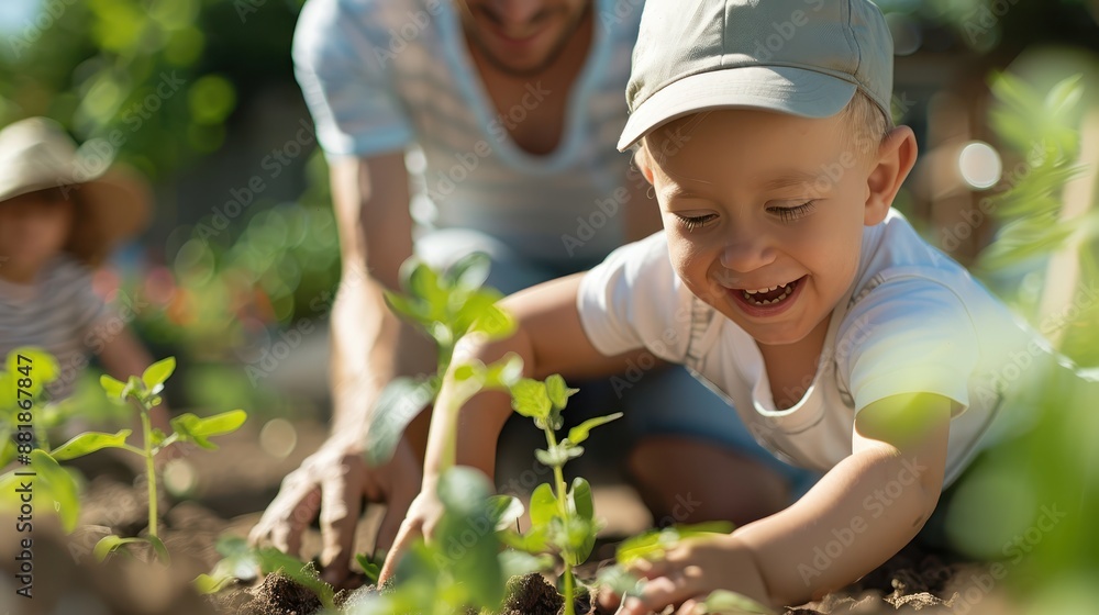 A father and his young son enjoy gardening together on a bright sunny day, planting seedlings while smiling and bonding over this fun and educational outdoor activity. A father and his young son enjoy gardening together on a bright sunny day, planting seedlings while smiling and bonding over this fun and educational outdoor activity.