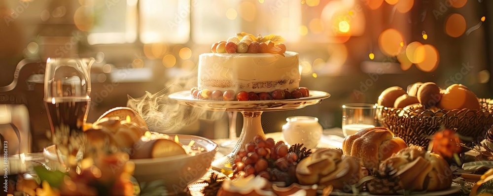 Elegant dessert table with a variety of pastries, featuring a decorated cake under warm lighting, perfect for celebrations and gatherings. Elegant dessert table with a variety of pastries, featuring a decorated cake under warm lighting, perfect for celebrations and gatherings.