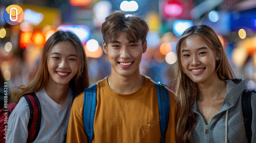 Fototapeta premium Multiracial Asian tourists, smiling and chatting, enjoy shopping together in the vibrant markets of Malaysia