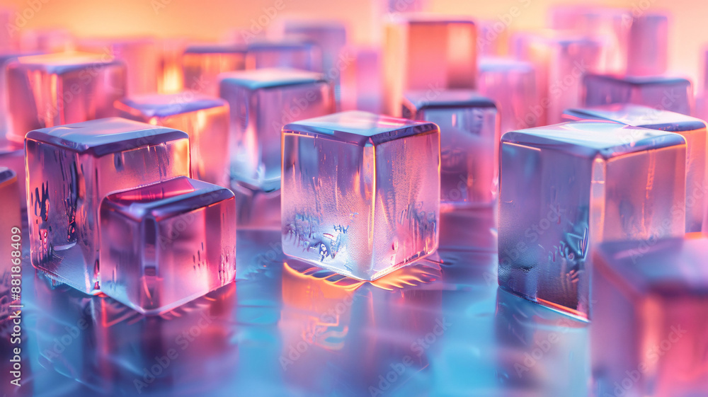 Abstract 3D cubes background with glass-like transparent elements and reflections in blue and white tones Abstract 3D cubes background with glass-like transparent elements and reflections in blue and white tones