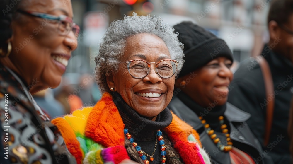 Neighbors, smiling and chatting, gather around a table at a lively, colorful block party Neighbors, smiling and chatting, gather around a table at a lively, colorful block party