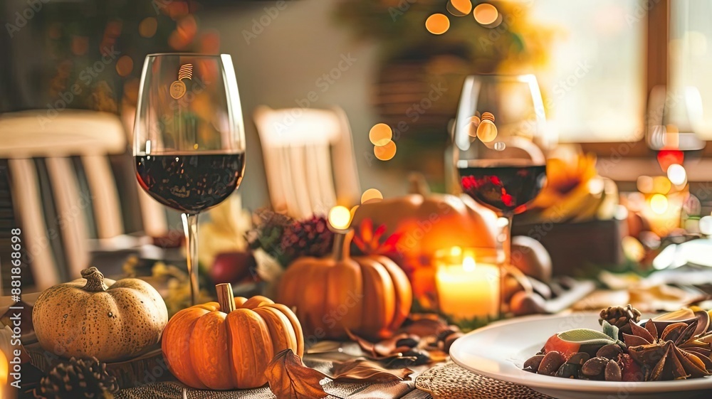 Festive autumn dinner table with pumpkins, candles, and wine, capturing the warm ambiance of a cozy fall gathering. Festive autumn dinner table with pumpkins, candles, and wine, capturing the warm ambiance of a cozy fall gathering.