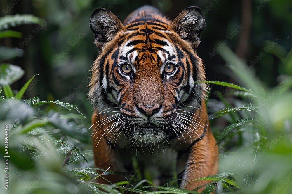 Fototapeta premium A Sumatran tiger emerging from the dense underbrush, its powerful body and striking orange coat with black stripes making it a majestic sight.