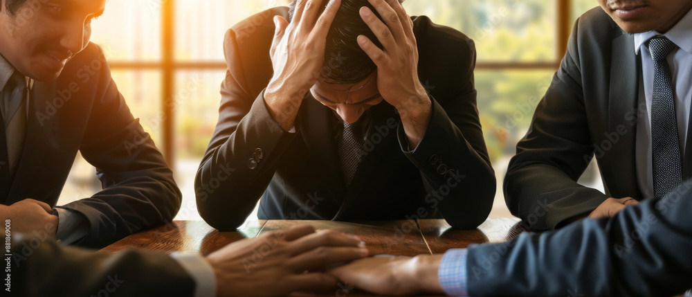 Fototapeta premium Business meeting gone wrong, with a distressed man holding his head while colleagues gather around a table offering support.