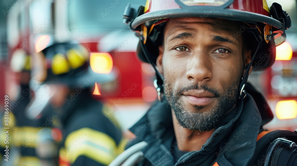 A firefighter, helmet on, stands courageously at a fire scene with colleagues in the background, encapsulating teamwork, bravery, and the intense demands of firefighting. A firefighter, helmet on, stands courageously at a fire scene with colleagues in the background, encapsulating teamwork, bravery, and the intense demands of firefighting.