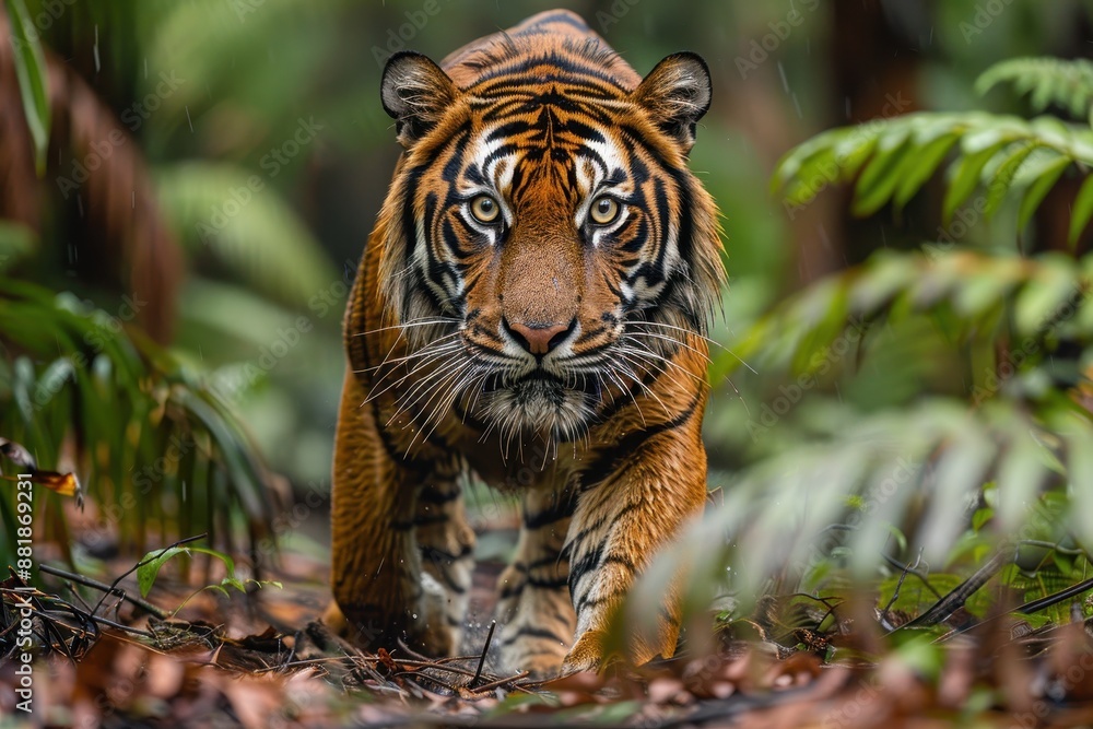Fototapeta premium A Sumatran tiger emerging from the dense underbrush, its powerful body and striking orange coat with black stripes making it a majestic sight.