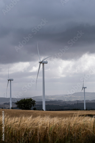 Three wind turbines dominate a field under a stormy sky, highlighting the blend of modern renewable energy technology amid rural landscapes and the power of natural elements. photo