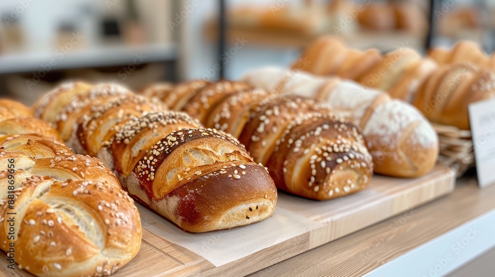 An assortment of freshly baked bread loaves, including seeded and rustic varieties, are arranged in rows inside a bakery display case, highlighting their diverse textures and crusts. An assortment of freshly baked bread loaves, including seeded and rustic varieties, are arranged in rows inside a bakery display case, highlighting their diverse textures and crusts.