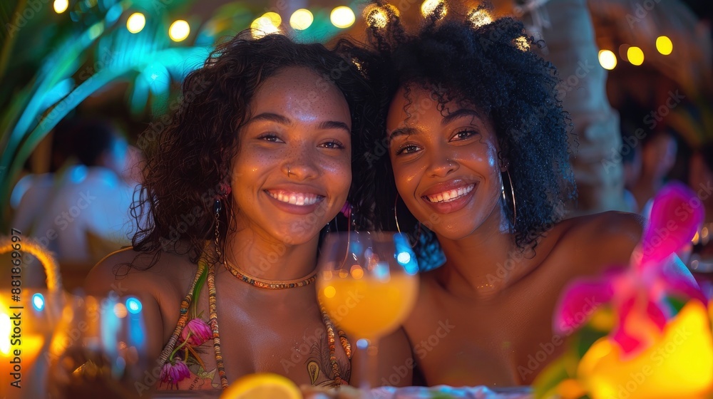 Two female friends, faces glowing with joy, pose for a selfie during a lively, colorful dinner celebration Two female friends, faces glowing with joy, pose for a selfie during a lively, colorful dinner celebration