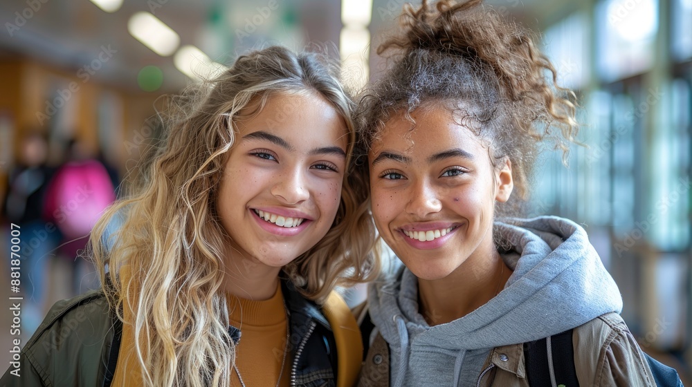 Two female students, smiling and engaged, chat happily in the school corridor Two female students, smiling and engaged, chat happily in the school corridor
