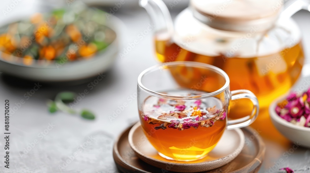 A visually appealing cup of golden herbal tea with floating botanical blossoms, presenting a blend of nature and tranquility, inviting a serene and calming tea-drinking experience. A visually appealing cup of golden herbal tea with floating botanical blossoms, presenting a blend of nature and tranquility, inviting a serene and calming tea-drinking experience.