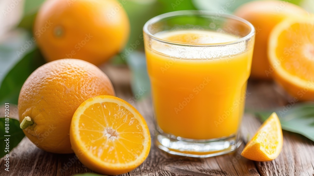 A refreshing glass of freshly squeezed orange juice is set on a wooden surface, accompanied by whole and sliced oranges, emphasizing the natural and vibrant essence of this citrus delight. A refreshing glass of freshly squeezed orange juice is set on a wooden surface, accompanied by whole and sliced oranges, emphasizing the natural and vibrant essence of this citrus delight.