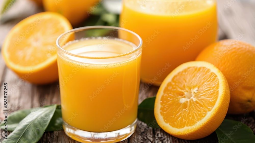 A close-up shot of a glass filled with fresh orange juice, accompanied by whole oranges and orange slices, arranged on a textured wooden surface. A close-up shot of a glass filled with fresh orange juice, accompanied by whole oranges and orange slices, arranged on a textured wooden surface.