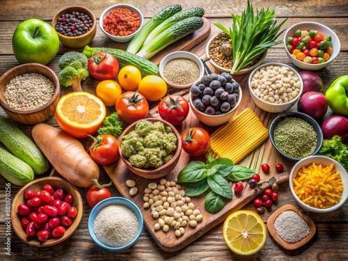 Fresh fruits, vegetables, whole grains, lean proteins, and healthy snacks are artistically arranged on a table, showcasing a well-rounded and nutritious weekly diet plan. photo