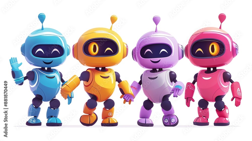 Four cute robots standing together in a row. Four cute robots standing together in a row.