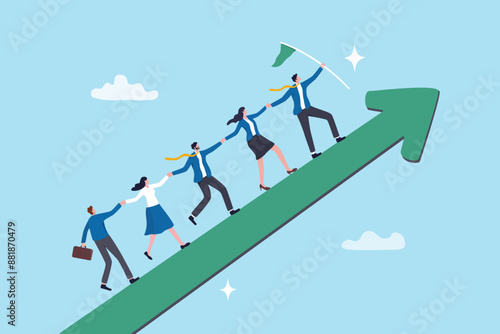 Leadership development, team success or motivation to lead team to reach goal, improvement or progress, growing together concept, businessman and woman team holding hand walk up rising growth arrow.