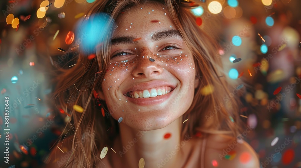 Young friends, laughing and full of energy, have fun with colorful confetti at a night club party Young friends, laughing and full of energy, have fun with colorful confetti at a night club party
