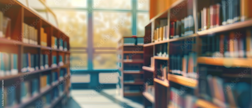 A sunlit library with rows of bookshelves and a large window in the background. A sunlit library with rows of bookshelves and a large window in the background.