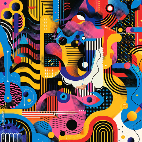 Geometric patterns and line, playful quirky cartoonish illustration, vivid splashing color