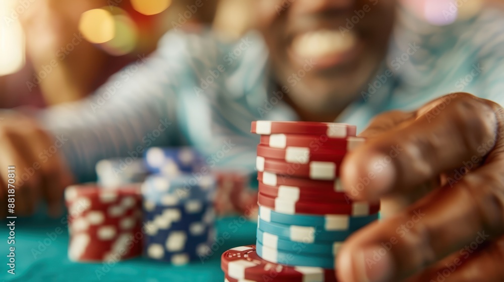 A joyful man in a colorful shirt stacking poker chips on a casino table. The scene captures the excitement and satisfaction of winning in a casino environment. A joyful man in a colorful shirt stacking poker chips on a casino table. The scene captures the excitement and satisfaction of winning in a casino environment.