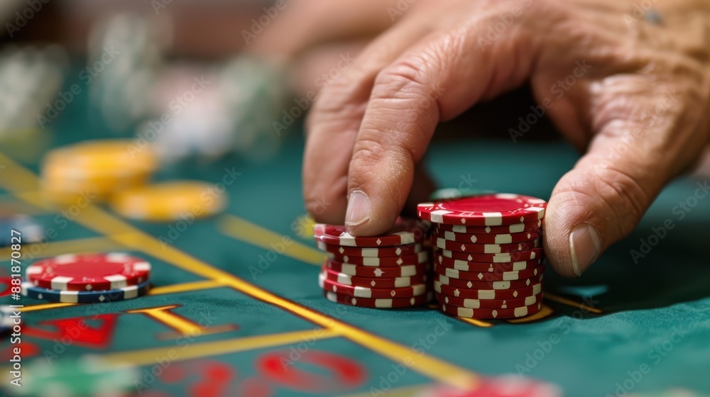 A close-up image showing a person placing a bet with poker chips on a casino table. The scene is filled with the vibrant atmosphere of a night in the casino. A close-up image showing a person placing a bet with poker chips on a casino table. The scene is filled with the vibrant atmosphere of a night in the casino.