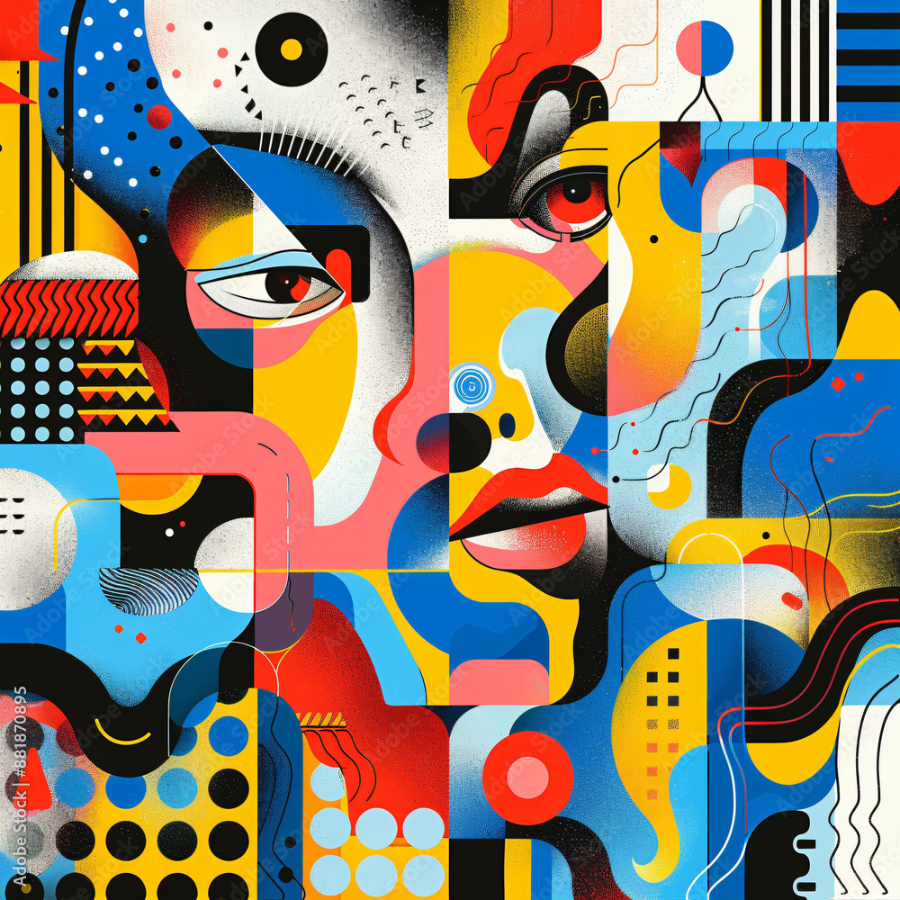 Obraz premium Geometric patterns and line, playful quirky cartoonish illustration, vivid splashing color