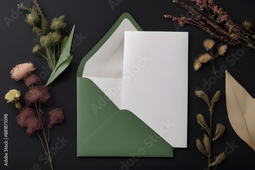 Decorative green floral envelope with a white paper against a dramatic black backdrop. Elegant stationery design photo