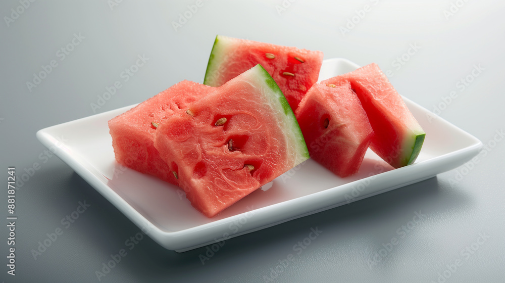 Slices of Korean watermelon with bright red flesh and green rind, arranged neatly on a white plate, capturing the freshness and juicy texture of the fruit. Slices of Korean watermelon with bright red flesh and green rind, arranged neatly on a white plate, capturing the freshness and juicy texture of the fruit.