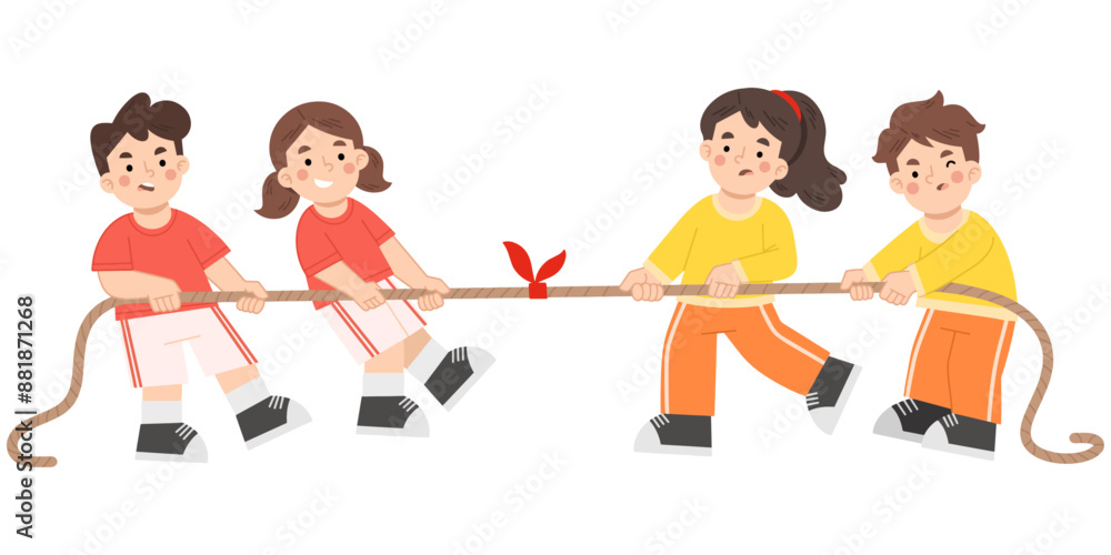 Children playing tug of war rope game vector illustration