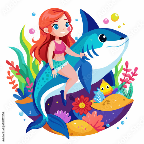 a colorful girl and a shark cartoon isolated  on a white background 