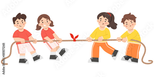 Children playing tug of war rope game vector illustration