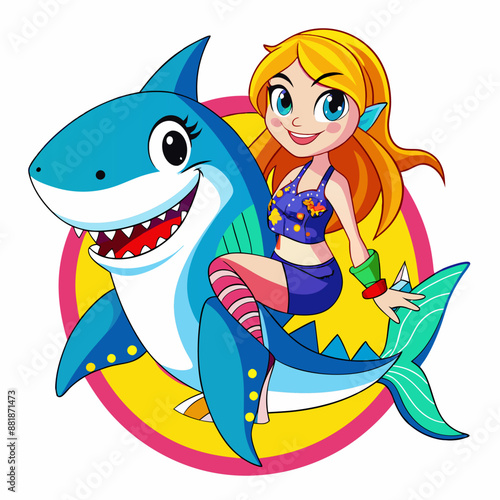 a colorful girl and a shark cartoon isolated  on a white background 