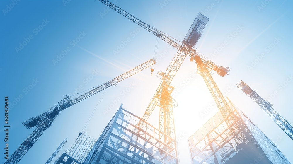 Large-scale construction project, cranes and machinery at work, engineers overseeing blueprint execution, modern architecture rising Large-scale construction project, cranes and machinery at work, engineers overseeing blueprint execution, modern architecture rising