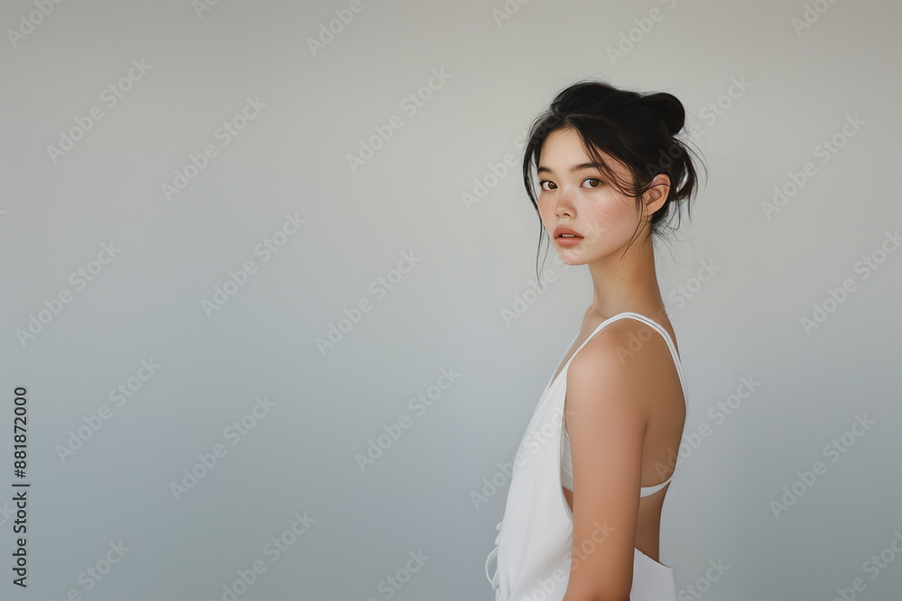 Sophisticated portrait of an Asian fitness model in light attire against a gradient pastel background, showcasing poise and style. Sophisticated portrait of an Asian fitness model in light attire against a gradient pastel background, showcasing poise and style.