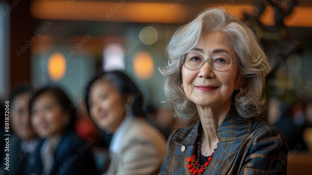 A senior Asian businesswoman and her diverse team of coworkers, smiling and bonding, meet for a successful business discussion A senior Asian businesswoman and her diverse team of coworkers, smiling and bonding, meet for a successful business discussion