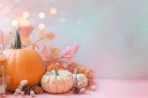 Pumpkins with autumn leaves on light pastel background photo